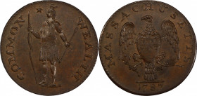 1787 Massachusetts Half Cent. Ryder 1-D, W-5900. Rarity-4-. MS-64+ BN (PCGS).
72.6 grains. An exceptional near-Gem example of this distinctive and si...