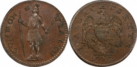 1787 Massachusetts Half Cent. Ryder 2-A, W-5910. Rarity-4-. MS-63+ BN (PCGS).
74.4 grains. A lovely example of the variety with choice medium-brown c...