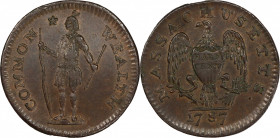 1787 Massachusetts Half Cent. Ryder 3-A, W-5920. Rarity-4. MS-62 BN (PCGS).
A remarkably nice example of this scarce variety. Frosty chocolate-brown ...