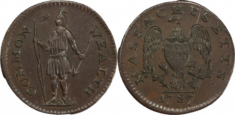 1787 Massachusetts Half Cent. Ryder 5-A, W-5960. Rarity-3. AU-53 BN (PCGS).
76....