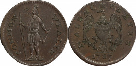 1787 Massachusetts Half Cent. Ryder 5-A, W-5960. Rarity-3. AU-53 BN (PCGS).
76.5 grains. A choice, lightly circulated example. Smooth, glossy surface...