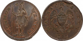 1787 Massachusetts Half Cent. Ryder 5-A, W-5960. Rarity-3. MS-62 BN (PCGS).
69.7 grains. A superior example of the scarce and popular late die state ...