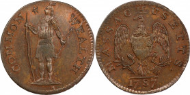 1787 Massachusetts Half Cent. Ryder 6-A, W-5970. Rarity-5+. MS-64 BN (PCGS).
59.0 grains. An incredible specimen of this rare Massachusetts half cent...