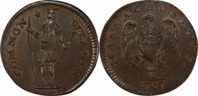 1787 Massachusetts Half Cent. Ryder 6-D, W-5980. Rarity-5+. MS-64 BN (PCGS).
An incredible example of this legitimately rare variety, perhaps the sec...