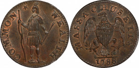 1788 Massachusetts Half Cent. Ryder 1-B, W-6010. Rarity-2. MS-65 BN (PCGS).
79.5 grains. A magnificent coin and certainly one of the most impressive ...