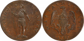 1787 Massachusetts Cent. Ryder 4-C, W-6100. Rarity-4-. Bowed Head, Arrows in Left Talon. AU-55+ (PCGS).
151.7 grains. A gorgeous coin for the grade w...