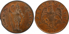 1787 Massachusetts Cent. Ryder 4-J, W-6120. Rarity-7-. Bowed Head, Arrows in Left Talon. MS-64 BN (PCGS).
The astounding Choice Mint State Ryder 4-J ...