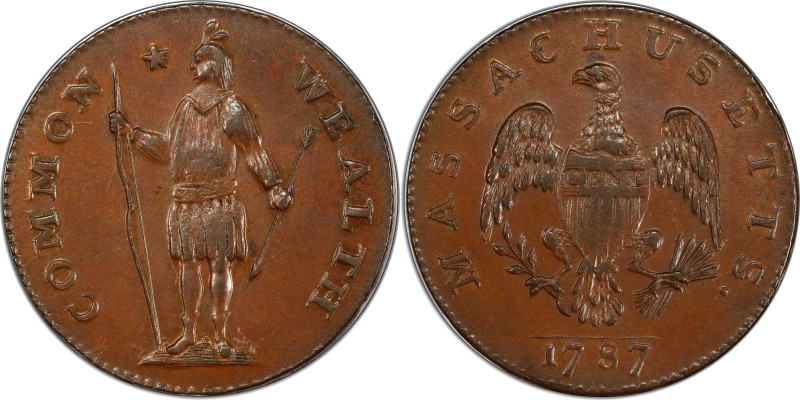 1787 Massachusetts Cent. Ryder 6-G, W-6140. Rarity-3+. Stout Indian, Arrows in L...