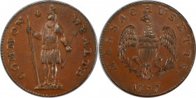 1787 Massachusetts Cent. Ryder 6-G, W-6140. Rarity-3+. Stout Indian, Arrows in Left Talon. MS-62 BN (PCGS).
Lovely light reddish-brown surfaces that ...