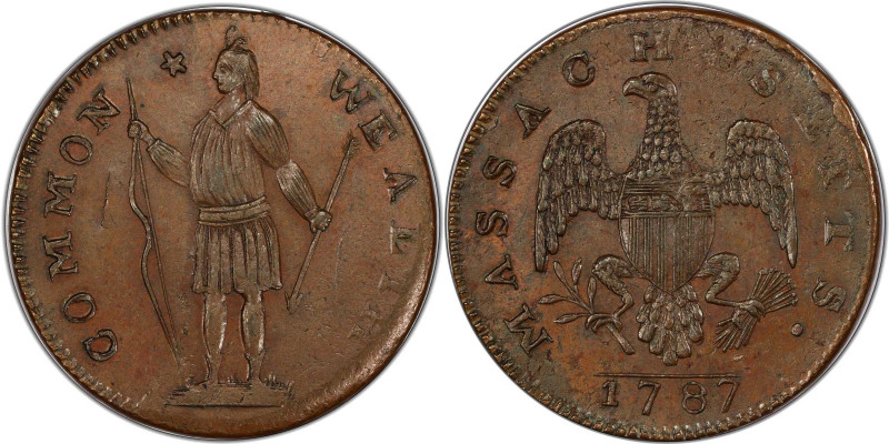 1787 Massachusetts Cent. Ryder 7-H, W-6150. Rarity-7-. Stout Indian. MS-63 BN (P...