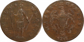 1788 Massachusetts Cent. Ryder 3-E, W-6220. Rarity-4. Period After MASSACHUSETTS. AU-55 BN (PCGS).
150.6 grains. A choice and appealing example that ...