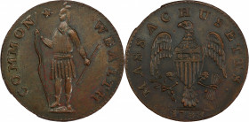 1788 Massachusetts Cent. Ryder 11-F, W-6310. Rarity-5-. Period After MASSACHUSETTS. MS-64+ BN (PCGS).
160.3 grains. A most impressive cent with stron...