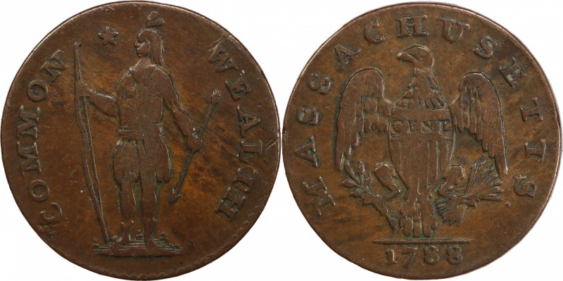 1788 Massachusetts Cent. Ryder 15-M, W-6400. Rarity-5-. Period After MASSACHUSET...