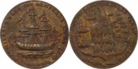 "1778-1779" (ca. 1780) Rhode Island Ship Medal. Betts-561, W-1725. Vlugtende. Brass. AU-55 (PCGS).
150.9 grains. 32.0 mm. Unique, the only specimen k...