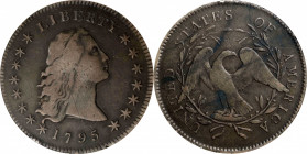 1795 Flowing Hair Silver Dollar. BB-20, B-2. Rarity-3. Two Leaves. Fine-12 (ANACS). OH.
Deeply toned charcoal-olive surfaces with a few blushes of st...