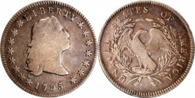1795 Flowing Hair Silver Dollar. BB-27, B-5. Rarity-1. Three Leaves. VG-10 (NGC). CAC.
Pewter-gray surfaces deepen slightly toward the borders and ar...