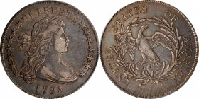 1795 Draped Bust Silver Dollar. BB-51, B-14. Rarity-2. Off-Center Bust. EF Details--Graffiti (PCGS).
A high grade example of this first appearance of...
