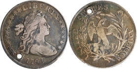 1797 Draped Bust Silver Dollar. BB-71, B-3. Rarity-2. Stars 10x6. VF Details--Holed (PCGS).
With full outline definition to virtually all major desig...
