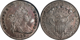 1799/8 Draped Bust Silver Dollar. BB-141, B-3. Rarity-3. 15-Star Reverse. AU-55 (PCGS).
Boldly to sharply defined from a nicely centered strike, this...