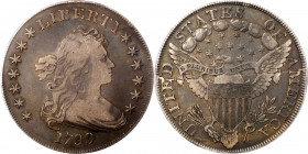 1799 Draped Bust Silver Dollar. BB-168, B-22. Rarity-5. VF-20 (PCGS).
A handsome piece with deep, rich steel-gray patina to both sides. We note both ...