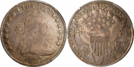 1799 Draped Bust Silver Dollar. BB-169, BB-21. Rarity-3. VF-35 (PCGS).
Bowers-Borckardt Die State IV with vertical die crack through the 7 in the dat...