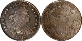 1800 Draped Bust Silver Dollar. BB-188, B-8. Rarity-4. AU-50 (PCGS).
An uncommonly high grade survivor from these challenging dies. Dressed in rich o...