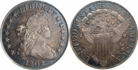 1802/1 Draped Bust Silver Dollar. BB-234, B-3. Rarity-3. Wide Date. EF-40 (ANACS). OH.
Deep steely-charcoal patina with somewhat lighter antique copp...