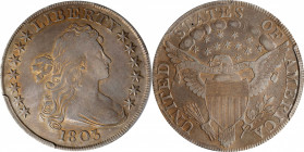 1803 Draped Bust Silver Dollar. BB-255, B-6. Rarity-2. Large 3. VF Details--Cleaned (PCGS).
Presenting quite nicely for the assigned grade, with flas...