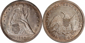 1846 Liberty Seated Silver Dollar. OC-1. Rarity-1. MS-61 (PCGS).
Noteworthy Mint State quality for this conditionally challenging No Motto Liberty Se...