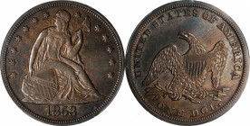 1853 Liberty Seated Silver Dollar. OC-1. Top 30 Variety. Rarity-2. Chin Whiskers. AU-53 (PCGS).
The "Chin Whiskers" obverse, with parallel die lines ...