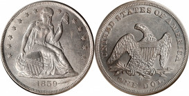 1859-O Liberty Seated Silver Dollar. OC-2. Rarity-1. MS-62 (NGC).
Brilliant apart from a thin layer of silver-gray toning, this boldly struck, lustro...