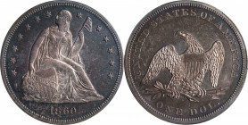 1860 Liberty Seated Silver Dollar. Proof-64 (PCGS). CAC.
Antique charcoal-gray peripheral toning blends with lighter, more vivid, pink and gold iride...