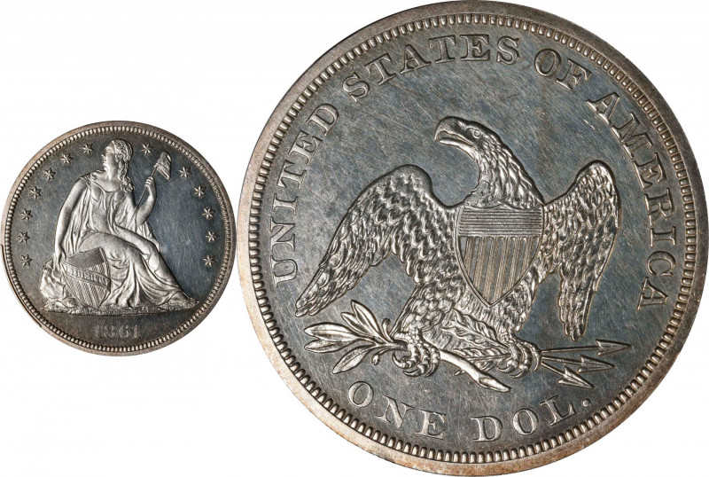 1861 Liberty Seated Silver Dollar. Proof-62 (PCGS).
Bright, essentially brillia...