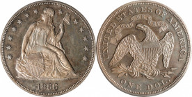 1866 Liberty Seated Silver Dollar. Motto. Proof-62 (PCGS).
A fully struck, universally reflective specimen with light toning in silver-gray, powder b...