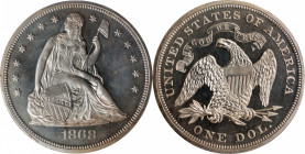 1868 Liberty Seated Silver Dollar. Proof-64 Cameo (PCGS).
A dusting of silver iridescence hardly inhibits bold cameo contrast between reflective fiel...
