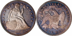 1868 Liberty Seated Silver Dollar. OC-2, FS-301. Top 30 Variety. Rarity-4-. Misplaced Date. AU-58 (PCGS).
A lustrous and richly toned example that at...
