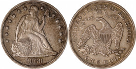 1868 Liberty Seated Silver Dollar. OC-5. Rarity-3-. AU-55 (PCGS).
After a stretch of modest five-figure mintages from 1861 through 1867, the 1868 iss...