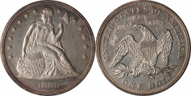 1869 Liberty Seated Silver Dollar. OC-2. Top 30 Variety. Rarity-2. Misplaced Date, Repunched Date, Doubled Die Reverse. Unc Details--Cleaned (PCGS).
...