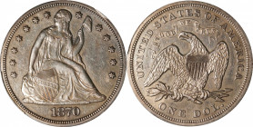 1870 Liberty Seated Silver Dollar. Proof-55 (PCGS).
This coin is a briefly circulated Proof as confirmed by both the obverse and reverse dies. It sho...