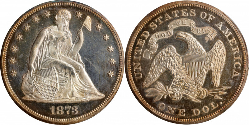 1873 Liberty Seated Silver Dollar. Proof-64+ Cameo (PCGS).
Gorgeous Choice surf...