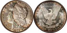 1879-S Morgan Silver Dollar. MS-68 (PCGS).
A remarkably toned Morgan dollar. Subtle multicolored iridescence overlays about half of the obverse, the ...