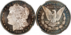 1880 Morgan Silver Dollar. Proof-65 Cameo (NGC).
Vivid cobalt blue rim toning gives way to lighter reddish-copper iridescence, then virtual brillianc...