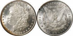 1880/79-CC GSA Morgan Silver Dollar. VAM-4. Top 100 Variety. Reverse of 1878. MS-64+ (PCGS).
A satiny and lustrous near-Gem with a thin crescent of r...
