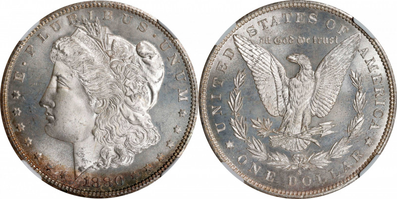 1880-S Morgan Silver Dollar. MS-67+ (NGC). CAC.
A crescent of soft bag toning a...