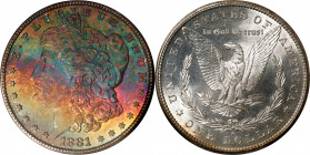 1881-S Morgan Silver Dollar. MS-67 (PCGS). CAC.
This lustrous, rainbow toned Morgan dollar is sure to sell for a very strong bid. The reverse is virt...