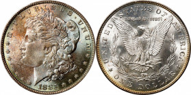 1883 Morgan Silver Dollar. MS-67 (PCGS).
The obverse is colorfully toned with pastel turquoise-blue, antique-gold and reddish-gold; the reverse is br...