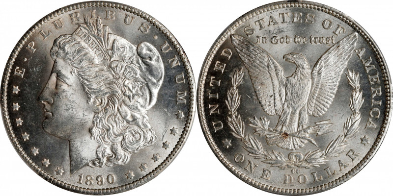 1890-CC Morgan Silver Dollar. MS-64 (PCGS).
Brilliant surfaces are sharply stru...