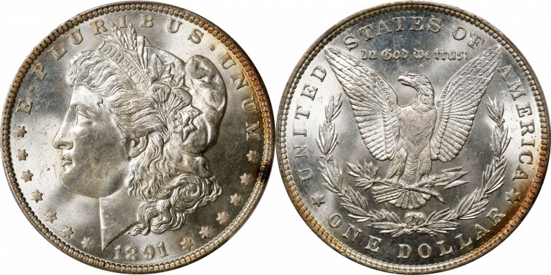 1891 Morgan Silver Dollar. MS-65 (PCGS).
Especially lustrous and satiny, and a ...