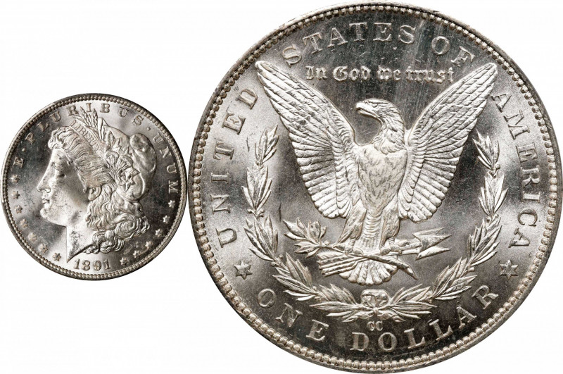 1891-CC Morgan Silver Dollar. MS-64 (PCGS).
Billowy mint luster blankets both s...