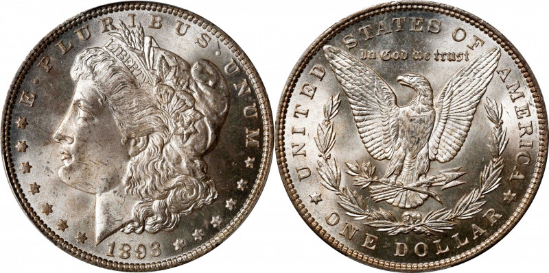 1893 Morgan Silver Dollar. MS-65 (PCGS).
Soft sandy-silver toning is seen on bo...